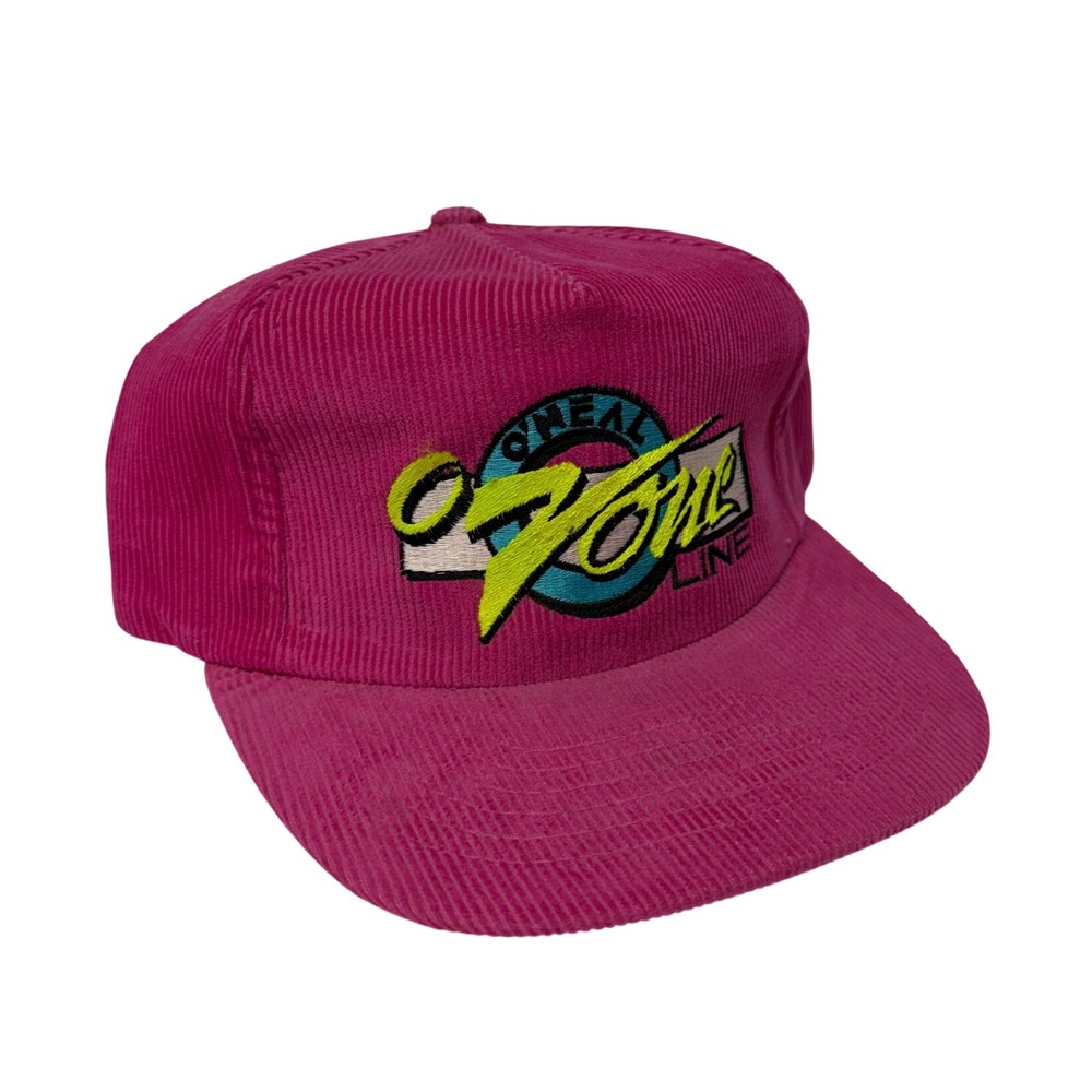 Vintage O'Neal O'Zone Line Corduroy Snapback Hat Pink Magenta 90s Motocross Cap